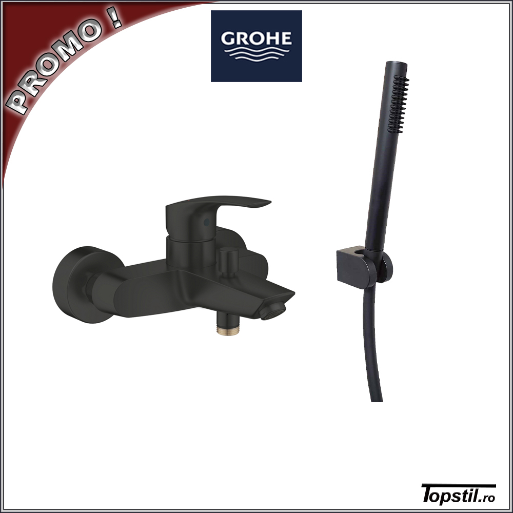 baterie-cada-neagra-Grohe-Eurosmart-cu-para-si-furtun
