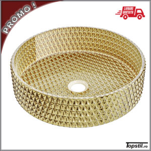 Lavoar rotund pe blat Aura din sticla textura aurie