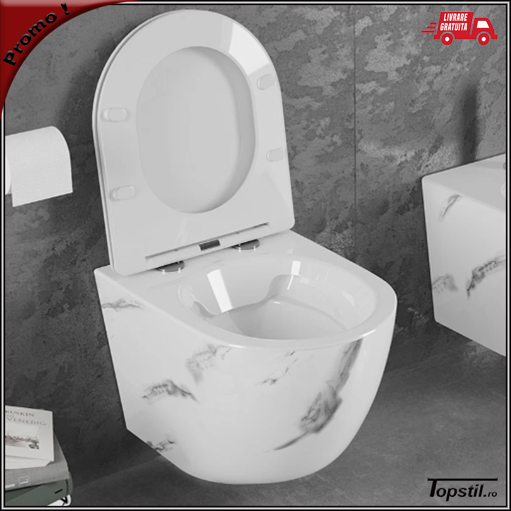 wc-suspendat-Leta-Calacatta-rimless-textura-marmura wc suspendat Leta Calacatta cu capac soft-close